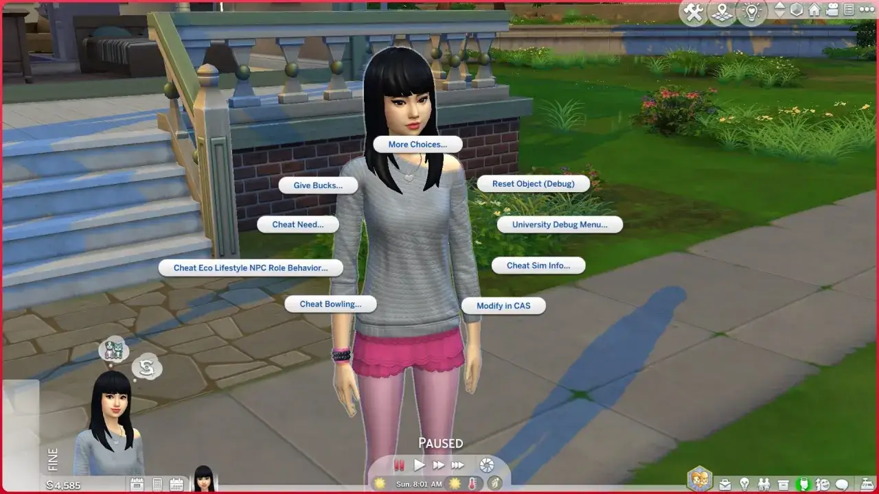 Symka z The Sims 4 z menu kodów: