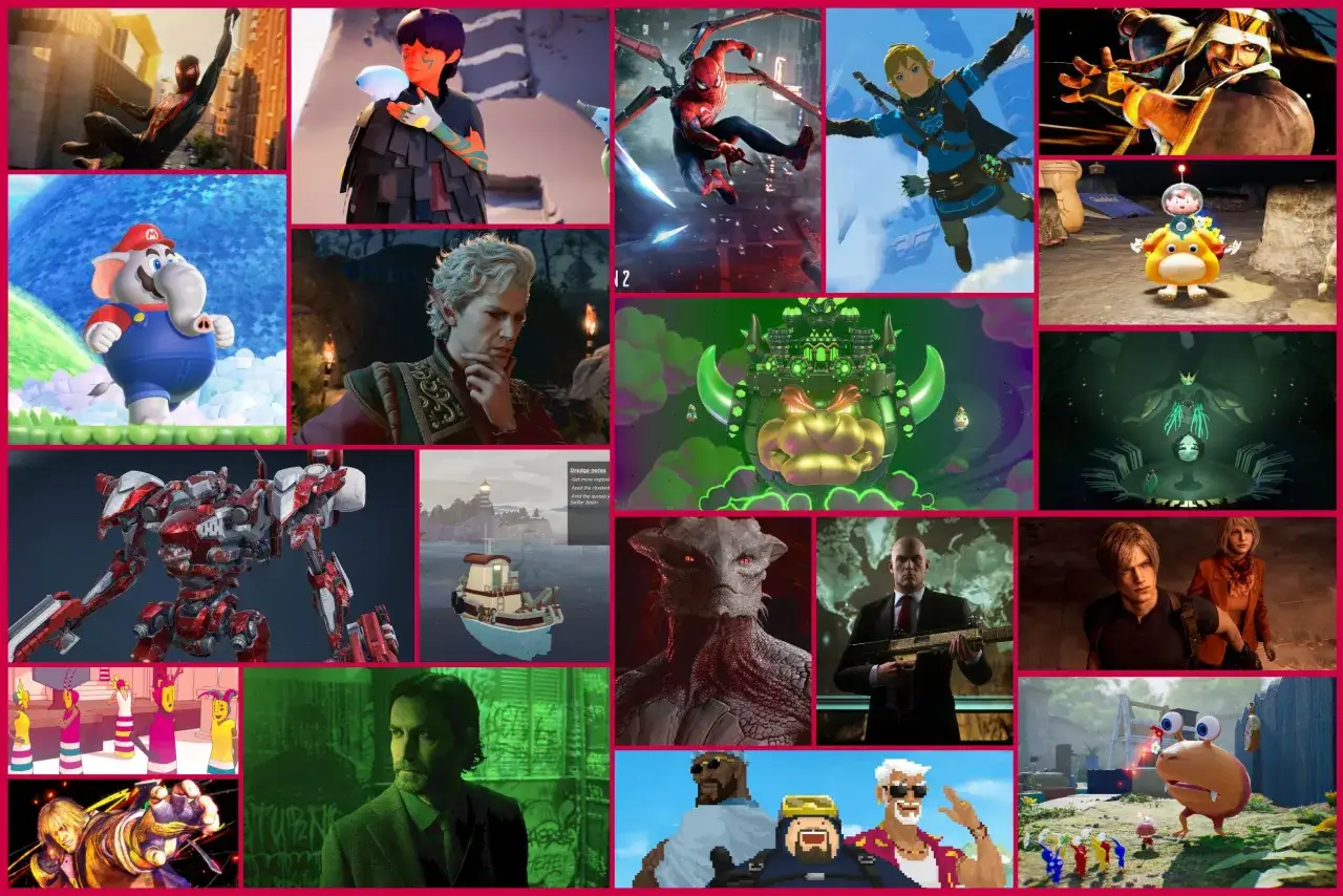 Kolaż z popularnych gier: Spider-Man, Link z Zelda, Mario w stroju słonia, mech, postacie z Resident Evil i inne.