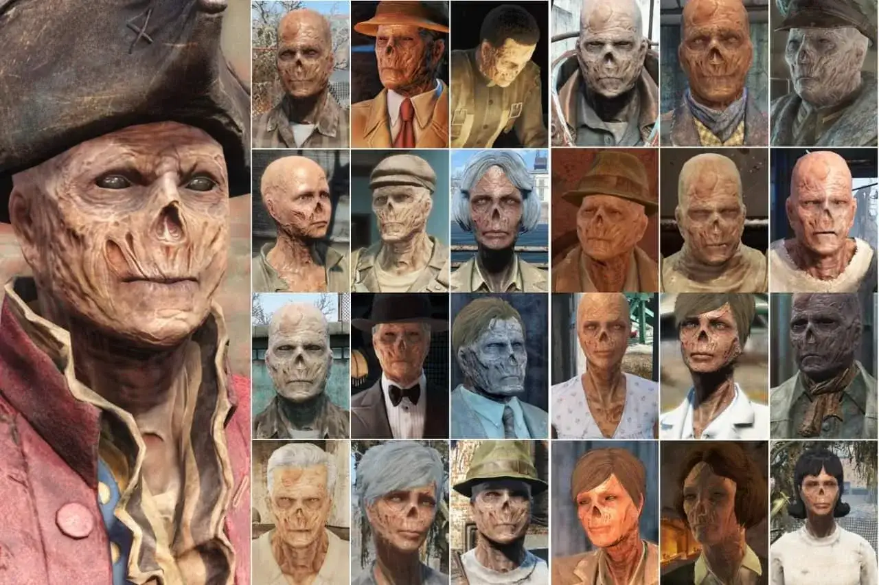 Kolekcja twarzy ghuli z Fallout. Wiele postaci z postapokaliptycznego świata, każda z unikalnym wyglądem i historią.