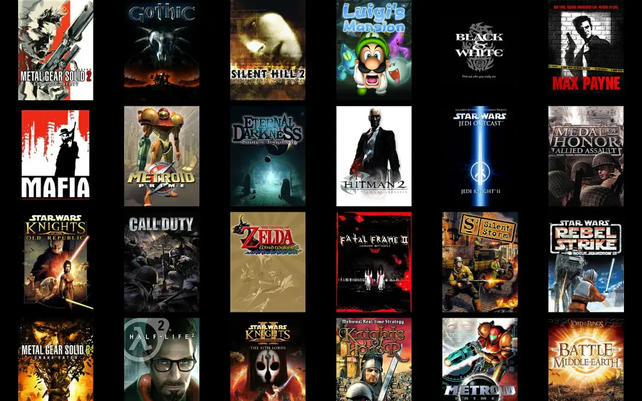 Kolekcja okładek gier, w tym Metal Gear Solid, Mafia, Zelda, Half-Life 2. Wiele z nich to najlepsza gra na świecie dla graczy.