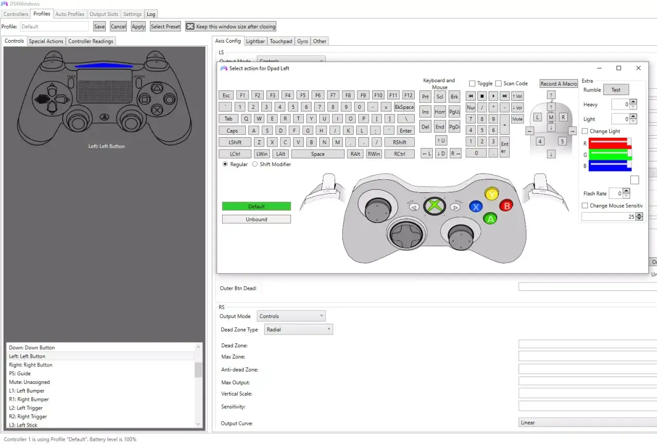 Konfiguracja DS4Windows: kontroler PlayStation z przypisanymi klawiszami i opcjami.