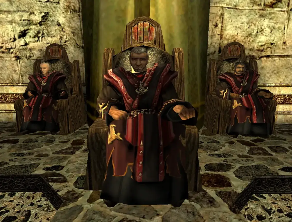 Trzej magowie ognia gothic w szatach siedzą na tronach.