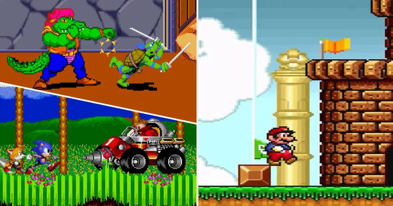 Wspomnienie kultowych gier z lat 90.: Żółwie Ninja walczą, Sonic i Tails pędzą, a Mario zdobywa zamek.