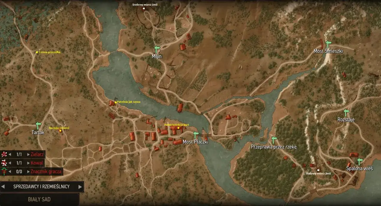 Mapa Białego Sadu z zaznaczonymi punktami, w tym miejscem, gdzie można znaleźć rynsztunek szkoły żmii.