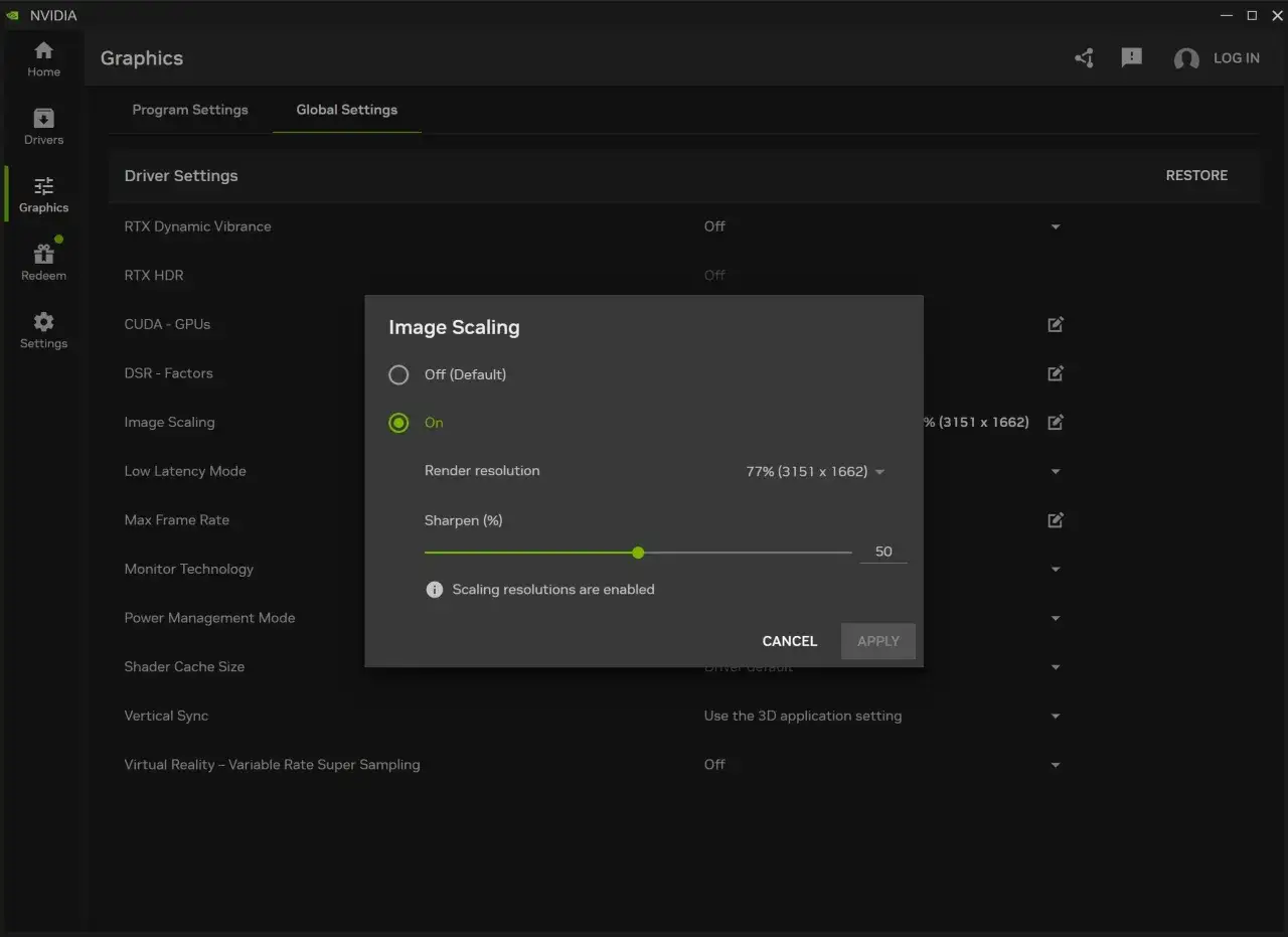 Panel sterowania NVIDIA: włączono skalowanie obrazu, ustawiono ostrość na 50%. NVIDIA Experience pozwala na takie dostosowania.