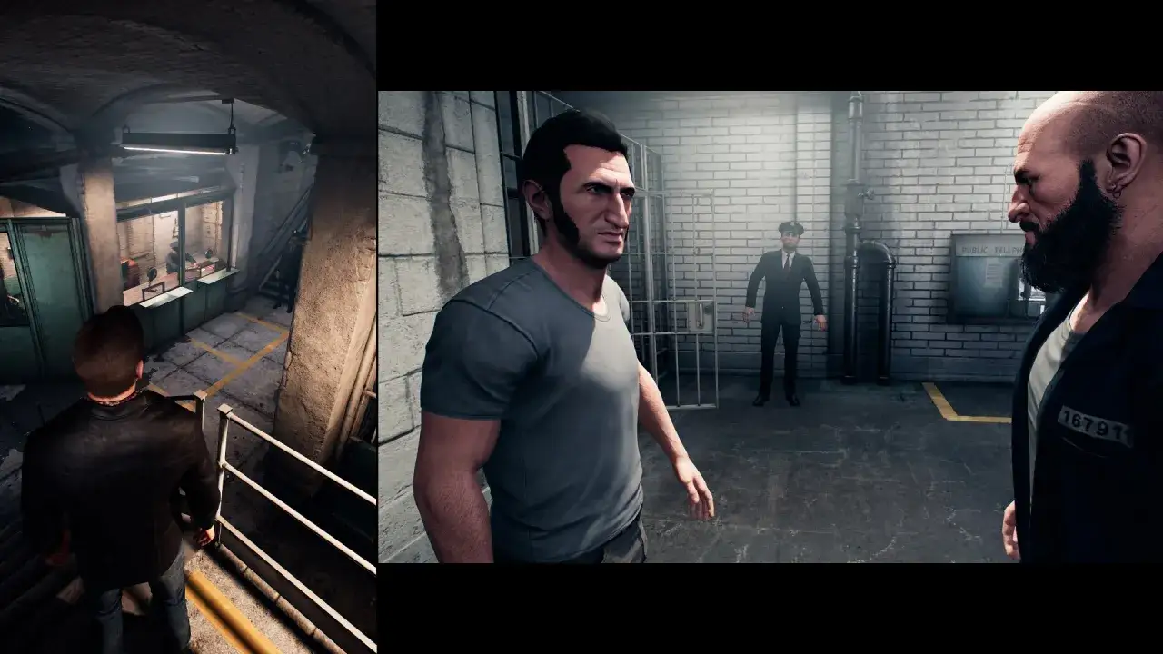 Dwóch więźniów rozmawia z wartownikiem. Jeden z nich zastanawia się, ile waży a way out.