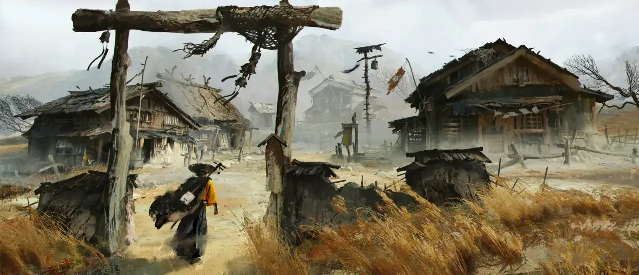 Samuraj wędruje przez zniszczoną wioskę, niosąc instrument. To scena z gry Ghost of Yotei na PC.