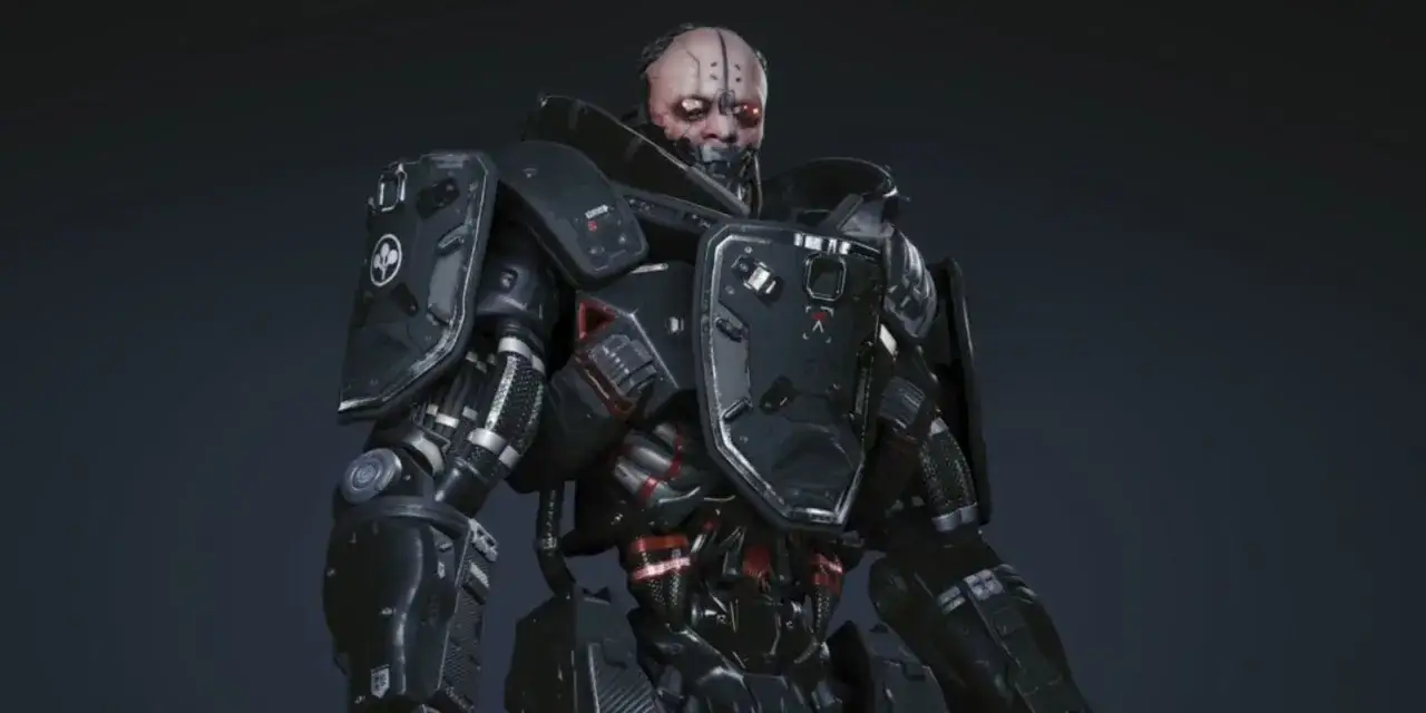 Adam Smasher, potężny cyborg w czarnej zbroi, z czerwonymi oczami i mechanicznymi implantami.
