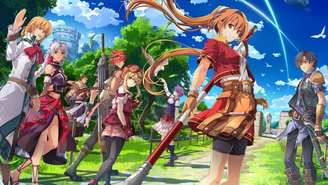 Grupa bohaterów z gry jrpg w kolorowych strojach, gotowa na przygodę w słoneczny dzień.
