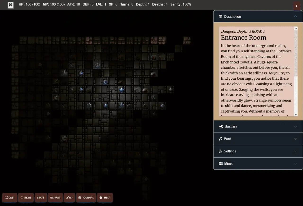 Mapa lochów w grze roguelike. Gracz znajduje się w Pokoju Wejściowym, otoczony kamiennymi ścianami i tajemniczymi symbolami.
