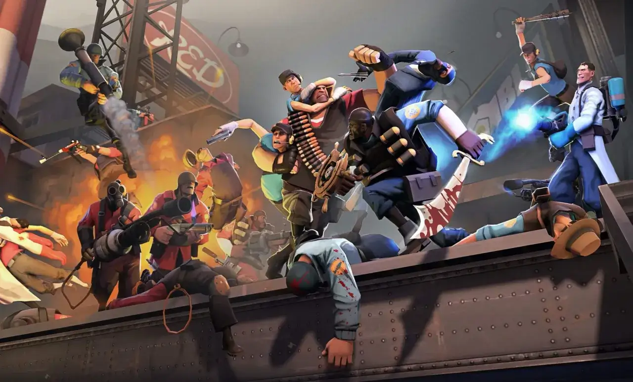 Dynamiczna scena z gry Team Fortress 2, gdzie postacie walczą. Idealne dla szukających darmowe gry na Steam.