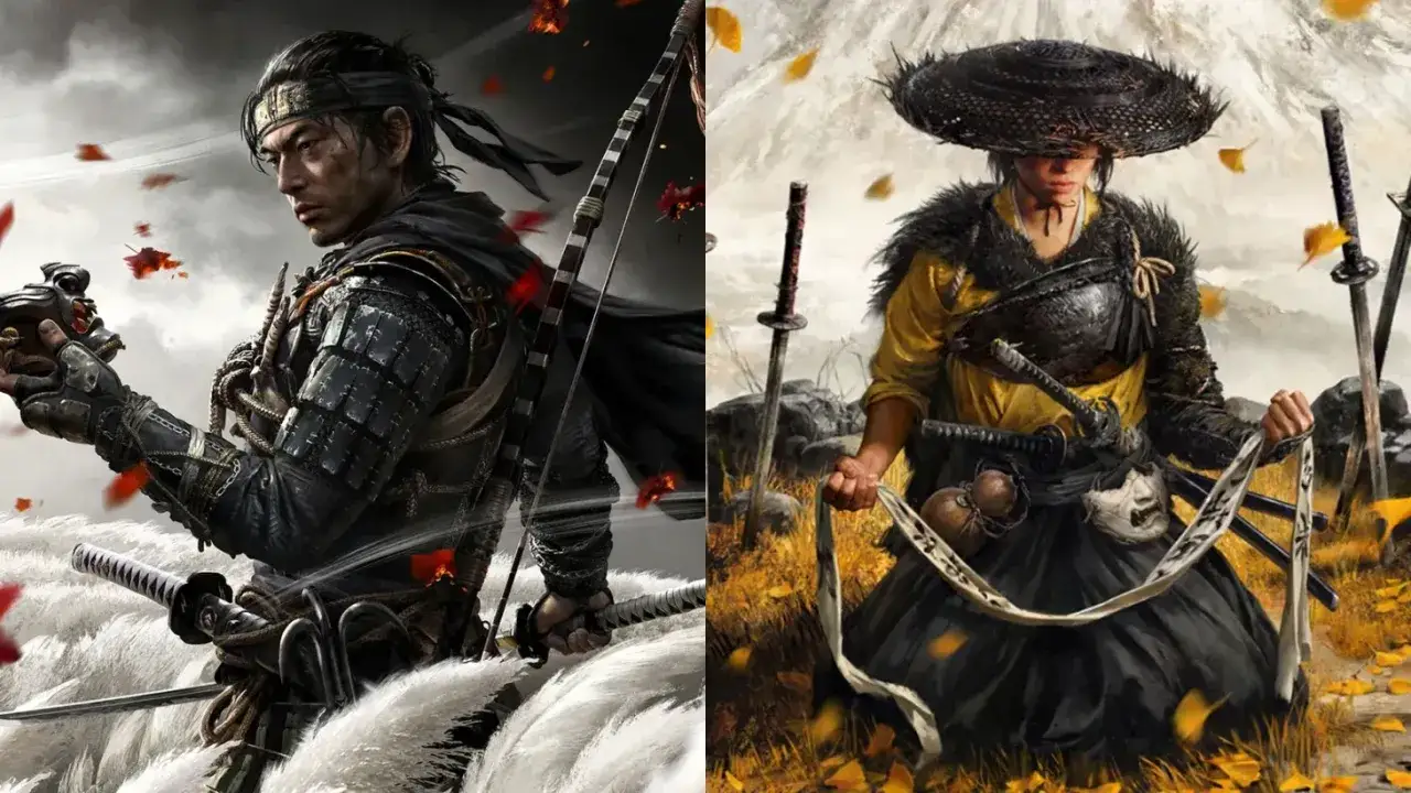 Dwaj samurajowie, jeden w zbroi z maską, drugi w słomkowym kapeluszu, gotowi do walki w świecie inspirowanym Ghost of Tsushima 2.