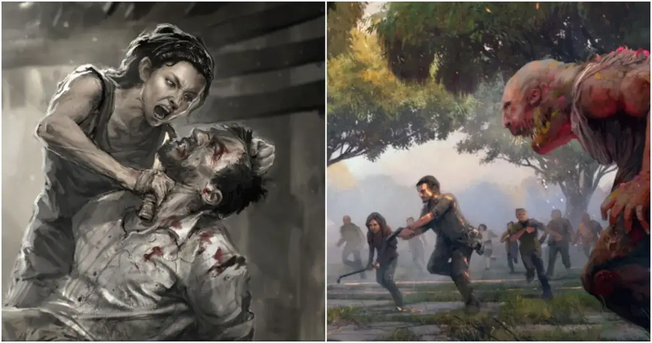 Dwie sceny z The Last of Us: kobieta walczy z rannym mężczyzną, a w tle grupa ludzi ucieka przed potężnym zombie.