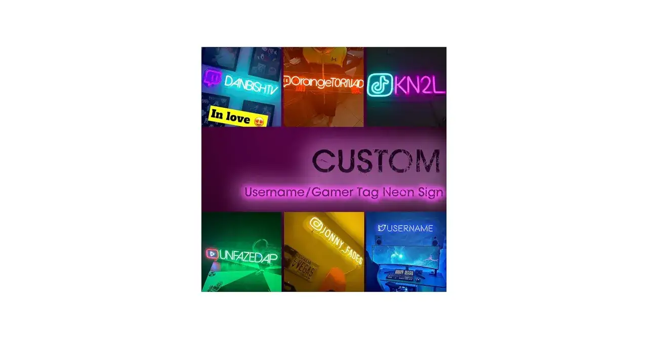Neonowe napisy z nazwami graczy, idealne na fajne nicki do gier. Personalizowane, świecące logotypy dla streamerów i entuzjastów gamingu.