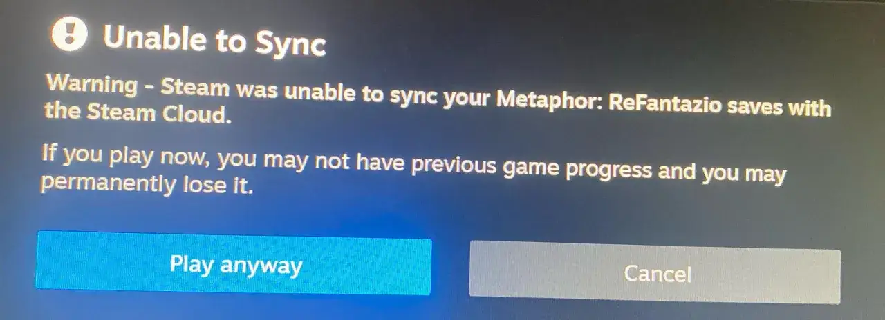 Ostrzeżenie: Steam nie mógł zsynchronizować zapisów gry Metaphor: ReFantazio z chmurą Steam. Utrata postępów jest możliwa.