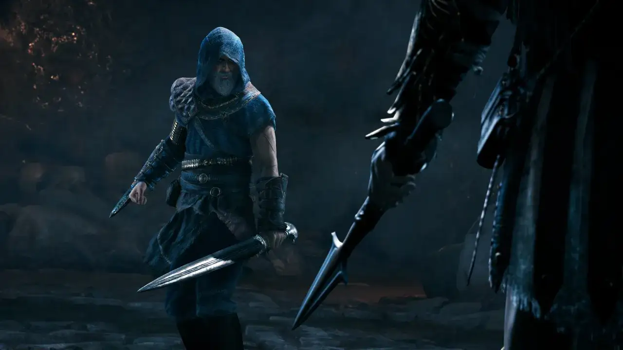 Dwóch wojowników w kapturach, jeden z mieczem, w mrocznym otoczeniu. Scena z Assassin's Creed Odyssey Dziedzictwo Pierwszego Ostrza.