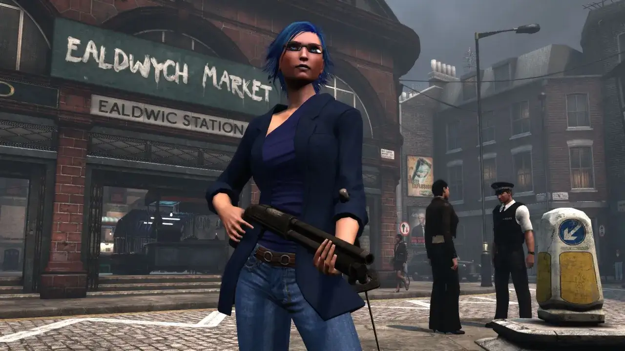 Kobieta z niebieskimi włosami i strzelbą przed stacją Ealdwic, odkrywa the secret world Londynu.