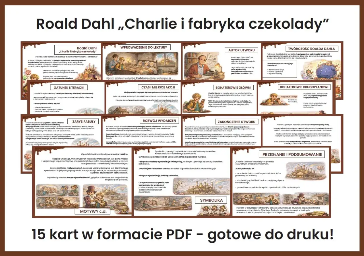 Charlie i fabryka czekolady online: materiały edukacyjne o powieści Roalda Dahla, zawierające streszczenie, analizę postaci i symbolikę.